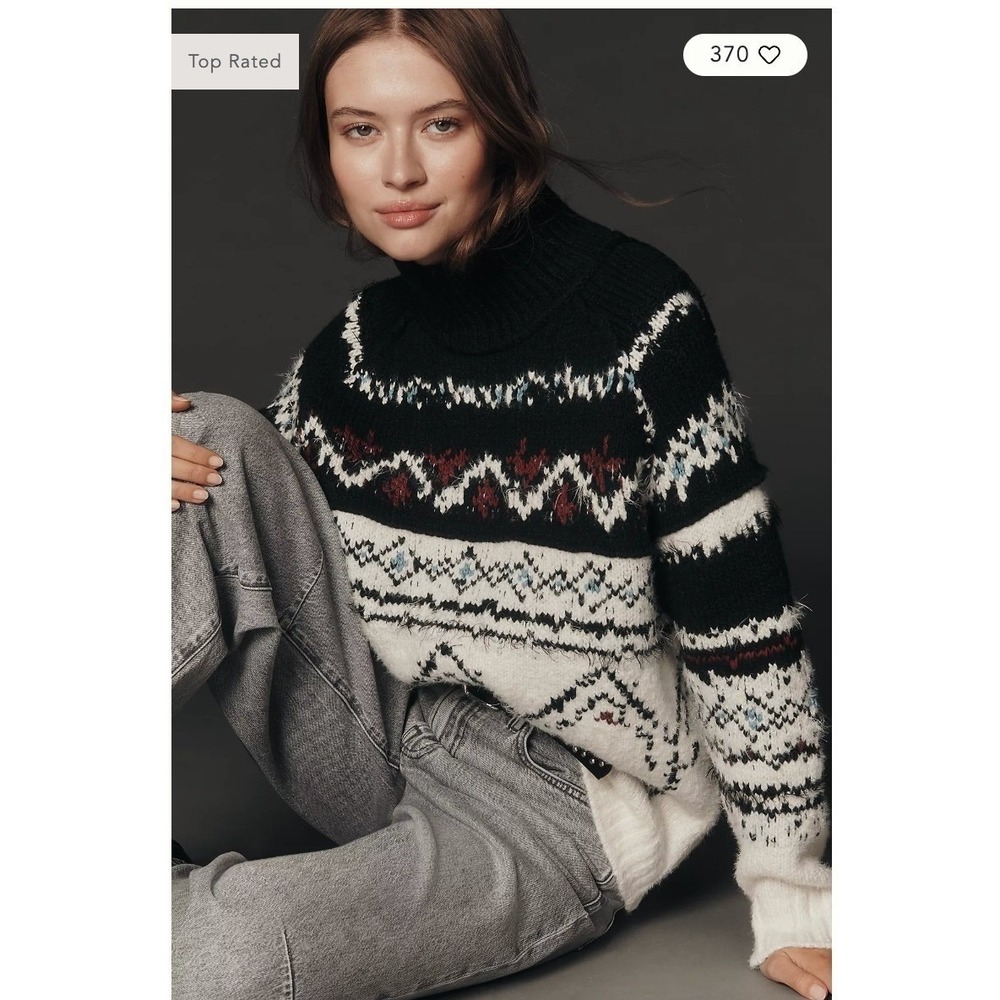 NWOT Anthropologie Cozy Fair Isle Sweater Black Ivory Chunky Lodge Pullover- L